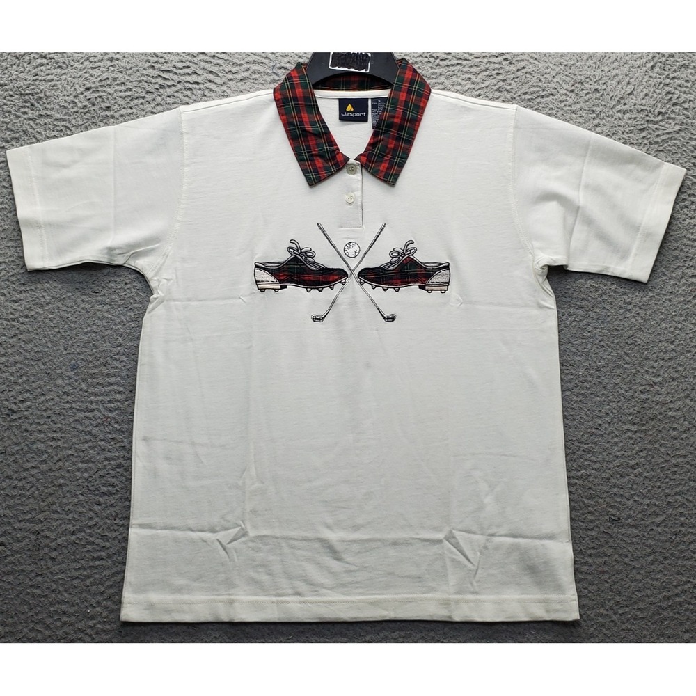 Vtg Lizsport Golf Polo Shirt Mens S Multi Tartan Plaid Shoes Embroidery Rare EUC